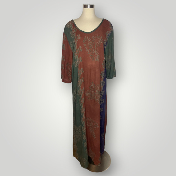 Vintage Y2k Globetrotter Maxi Dress Rayon Earth Tones Abstract Patterns Flowy L - Picture 1 of 6